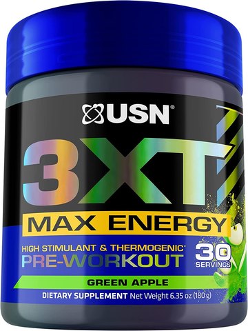USN 3XT Max Energy Pre-Workout Supplement Powder for Energy, Green Apple