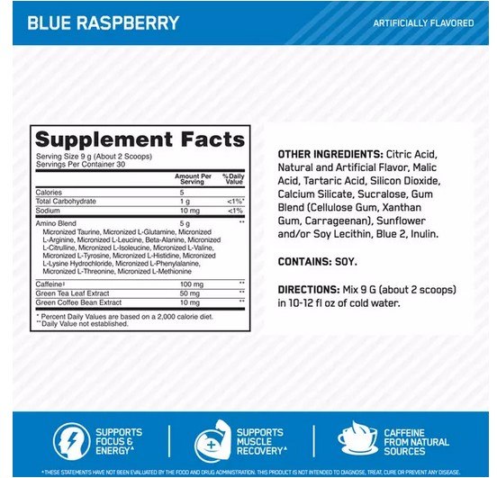Optimum Nutrition Amino Energy Blue Rasberry 30 Servings 6/Cs 2